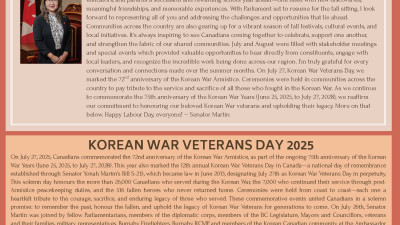 연아 마틴(Yonah Martin) 상원의원의 2025년 9월 1일 메시지