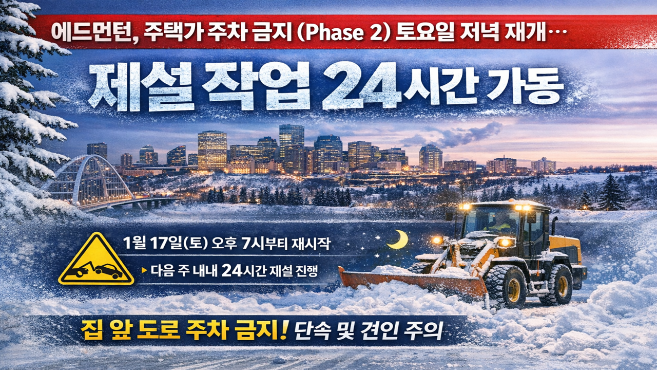에드먼턴, 주택가 주차 금지(Phase 2) 토요일 저녁 재개… 제설 작업 24시간 가동